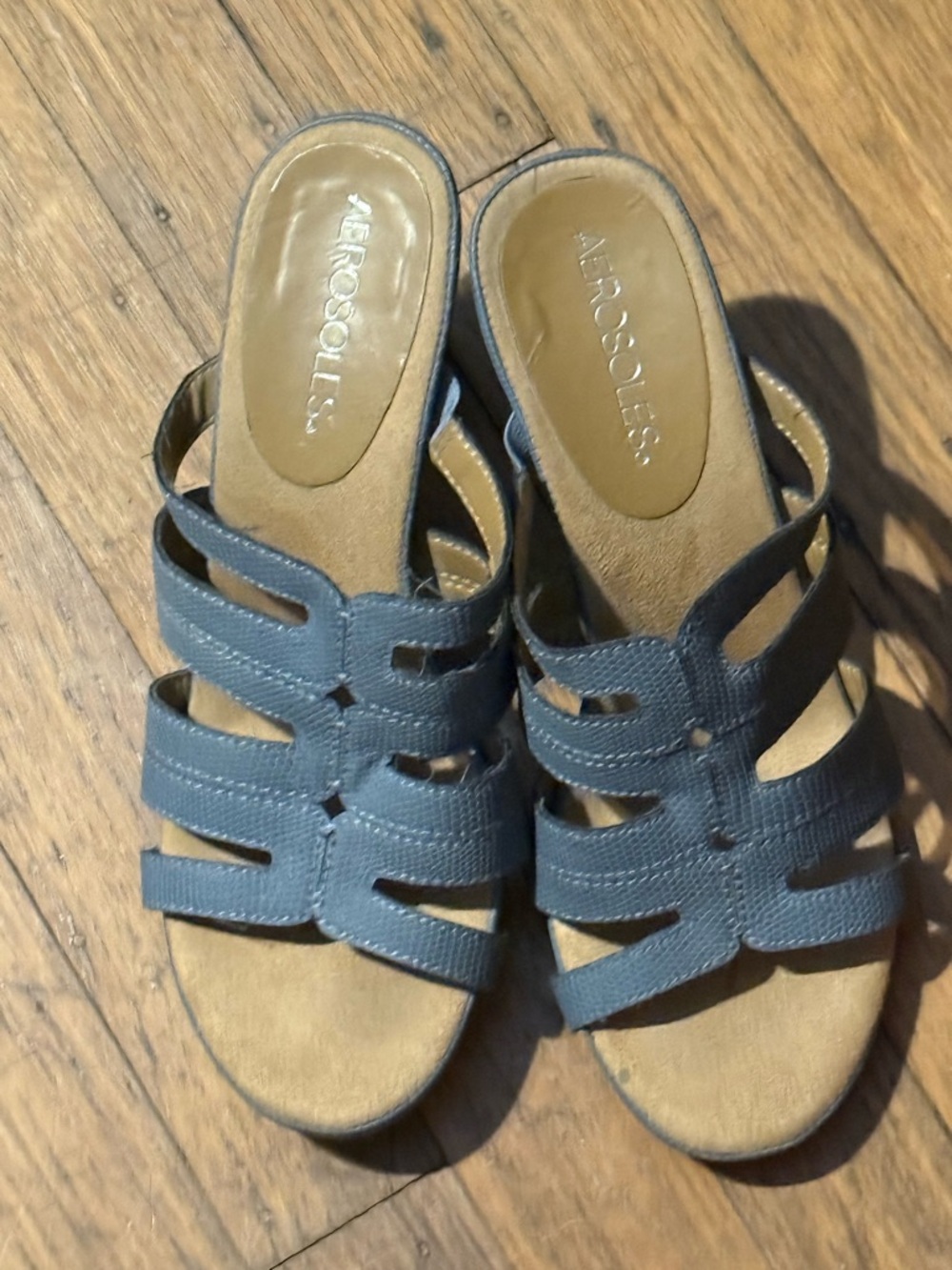 AEROSOLES Blue Strappy Slip-On Wedge Mules